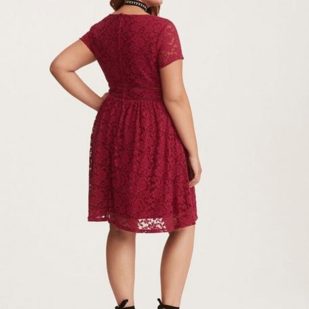 Berry Red Lace Scoop Skater Dress- velvet rose